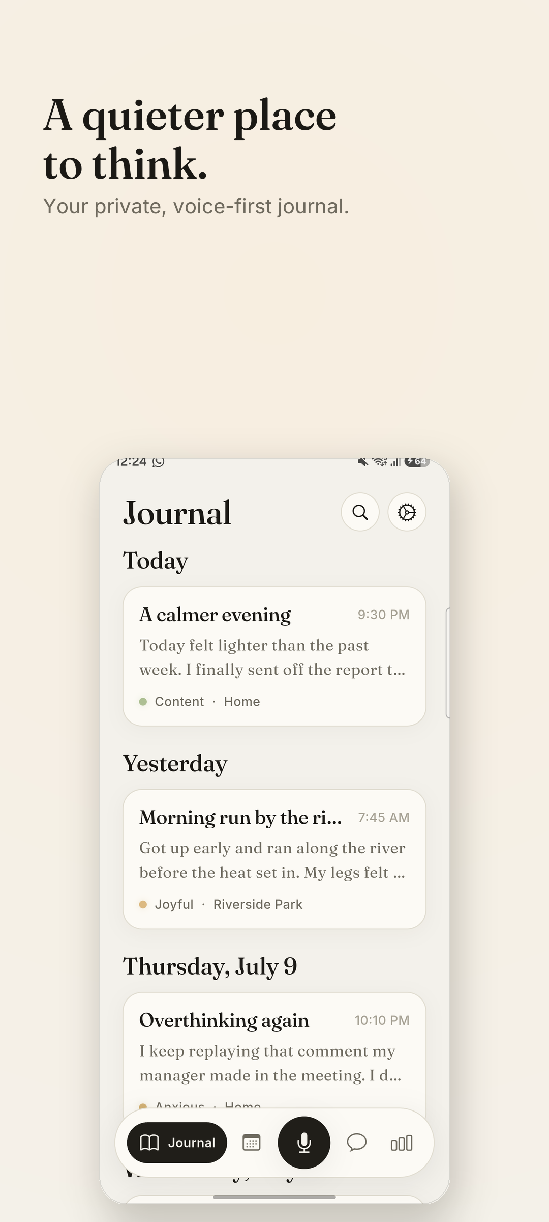 Voice Journal Android app showing a private timeline of voice diary entries