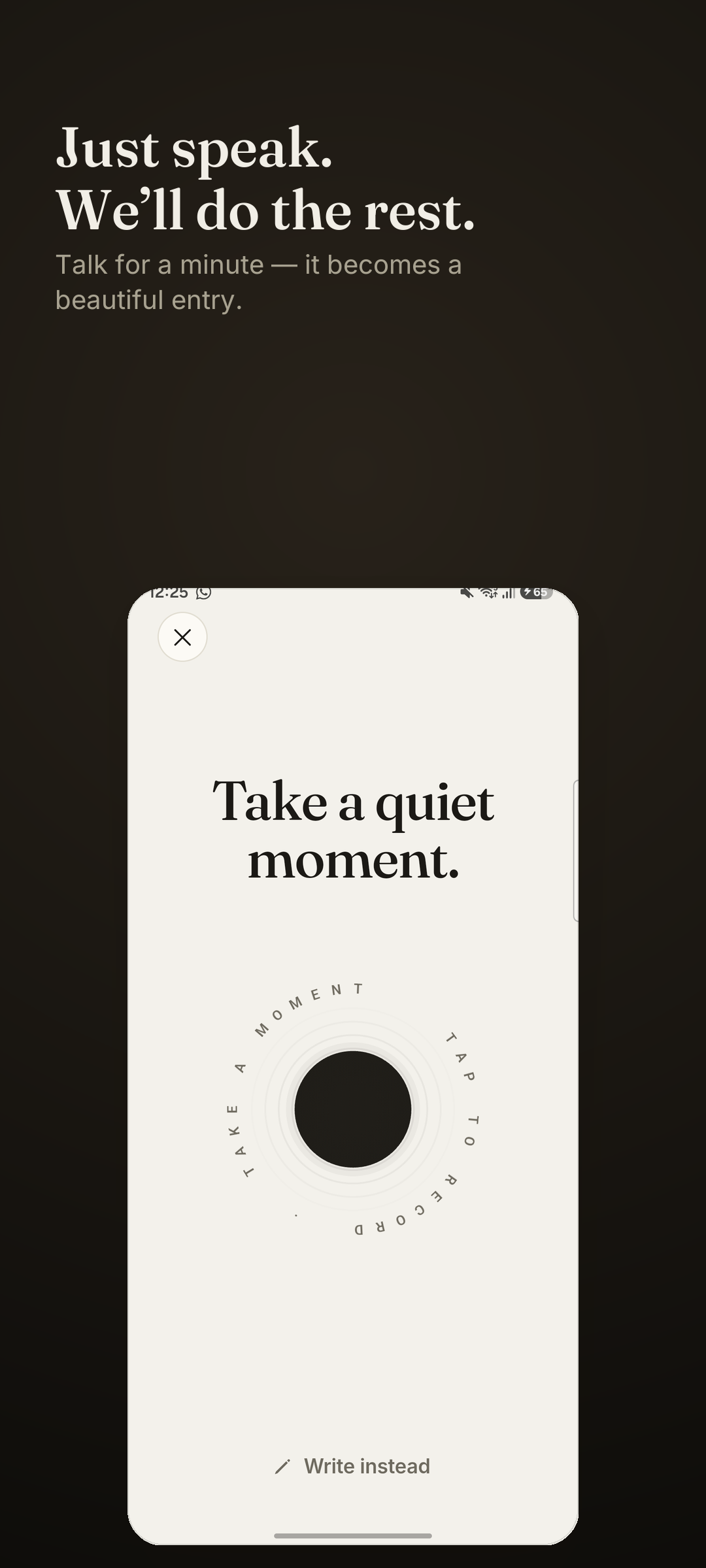 Voice Journal record screen with the microphone button ready to capture a voice entry