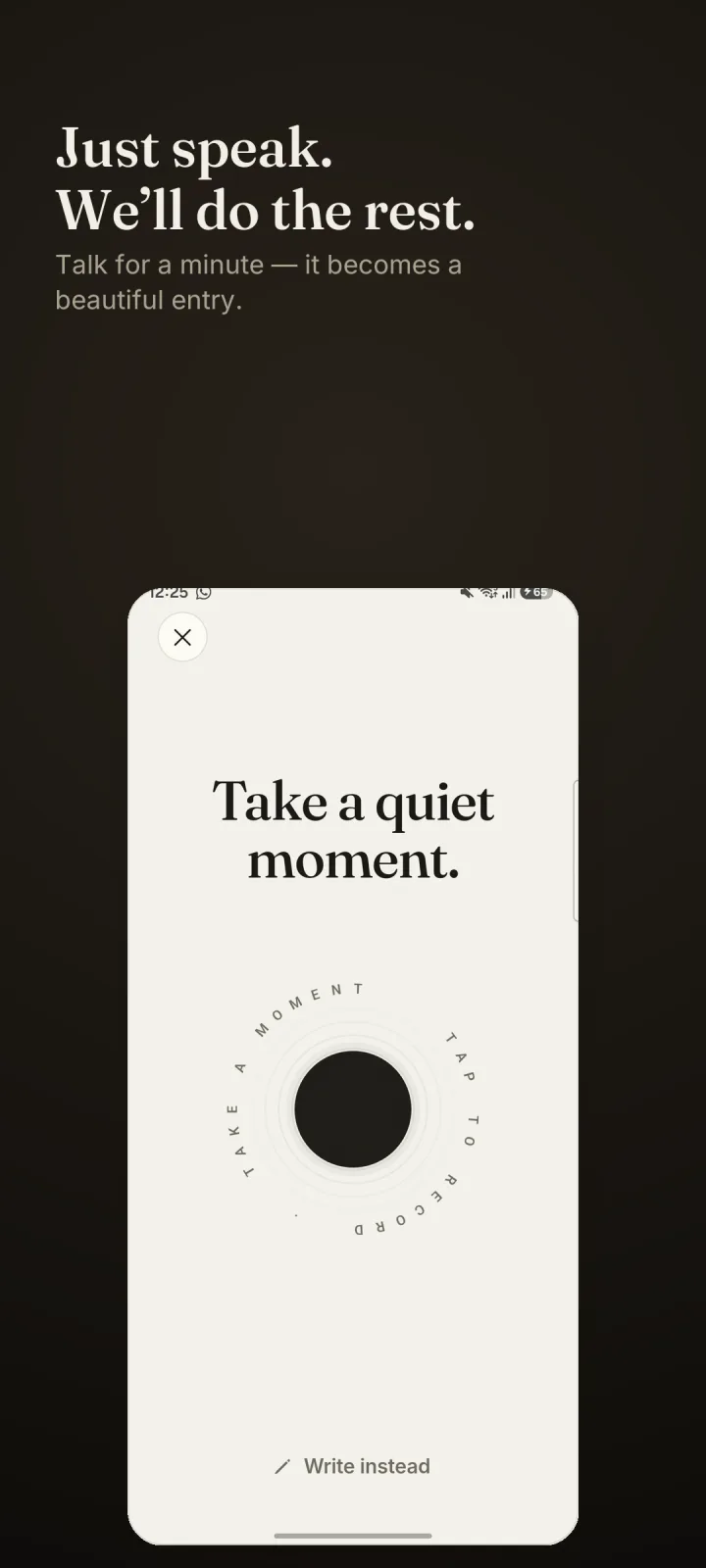 Voice Journal record screen with the microphone button ready to capture a voice entry