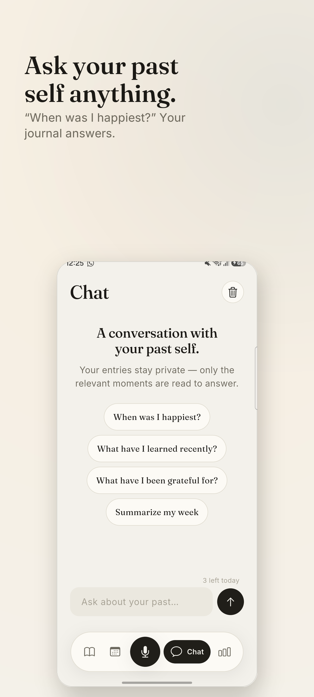Voice Journal chat screen answering a question from past journal entries